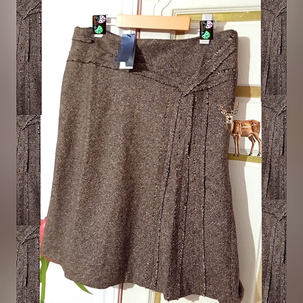 WITCHERY🐞ItalyTweed Neutral Brown Asymmetrical A-Line Midi Skirt Sz: 14